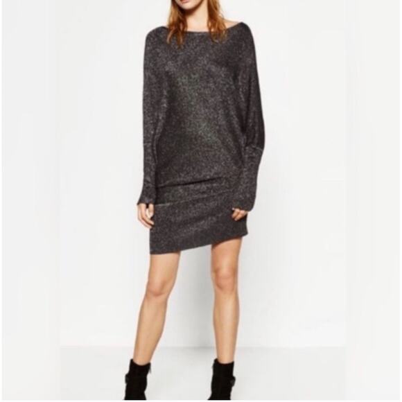 Zara Glitter Dress Silver Gray Dolman Sleeve Asymmetrical Sheath M Sparkly - Picture 1 of 8
